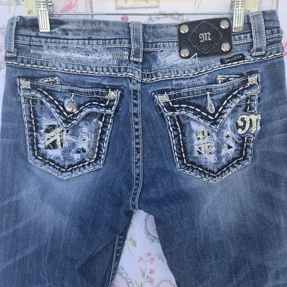 Miss Me Denim - Miss Me Jeans Size 30 Blue Distressed Easy Capri Rhinestone Flap Pockets